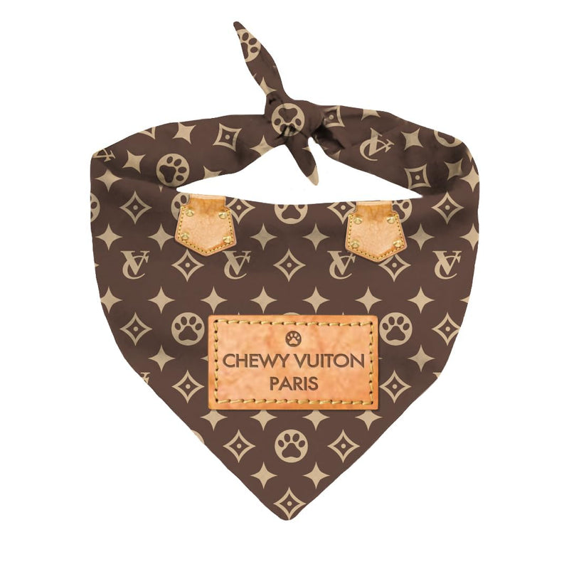 Chewy Vuiton Dog Bandana Designer Fashion Scarf Kerchief for Small Medium and Large Dogs, Funny Parody Gift for Girl or Boy Dog, Soft Durable Fabric, Adjustable Tie-On Style Triangle