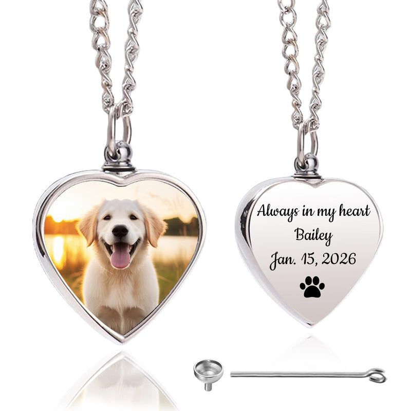 Cupike Personalized Pet Urn Necklace for Dog Ashes Custom Engraving Photo Text Pet Cremation Jewelry Customize Memorial Gift for Pet Dog Cat Ashes Necklace (01-Heart)