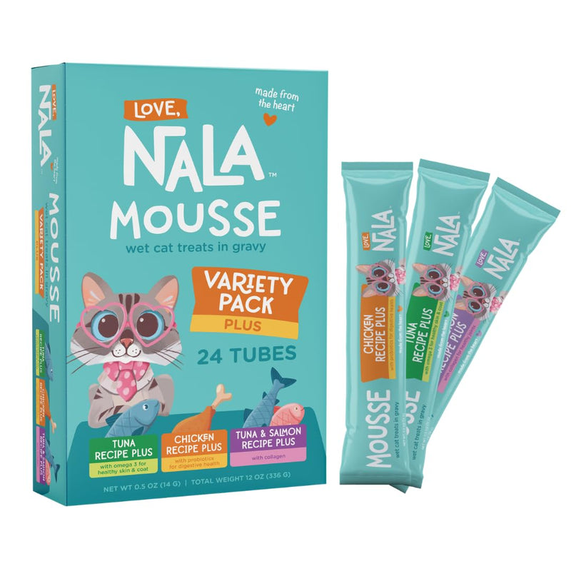LOVE, NALA - Natural Lickable Cat Squeeze Up Treat,Topper - Variety Plus Pack Mousse - Wet Food Cat Puree - Grain Free, Non_GMO Minerals, Vitamins - 24 Pack