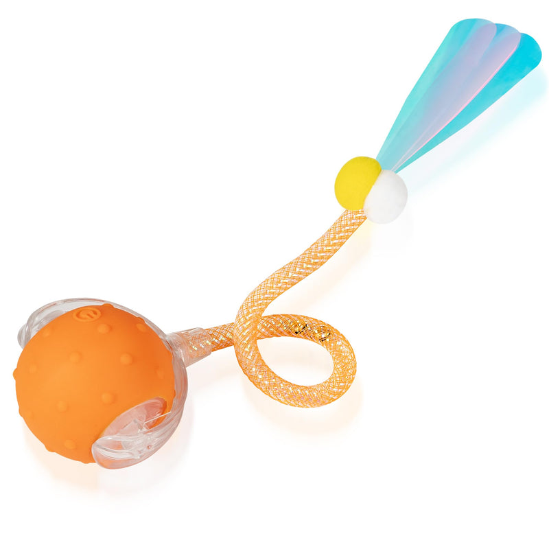 PLITTPETTS Interactive Cat Toys Ball for Indoor Cats, Automatic Moving Ball Toy with Elastic Mesh Tail, Chirping & Obstacle Avoidance and Motion Activated, Orange【Rechargeable】