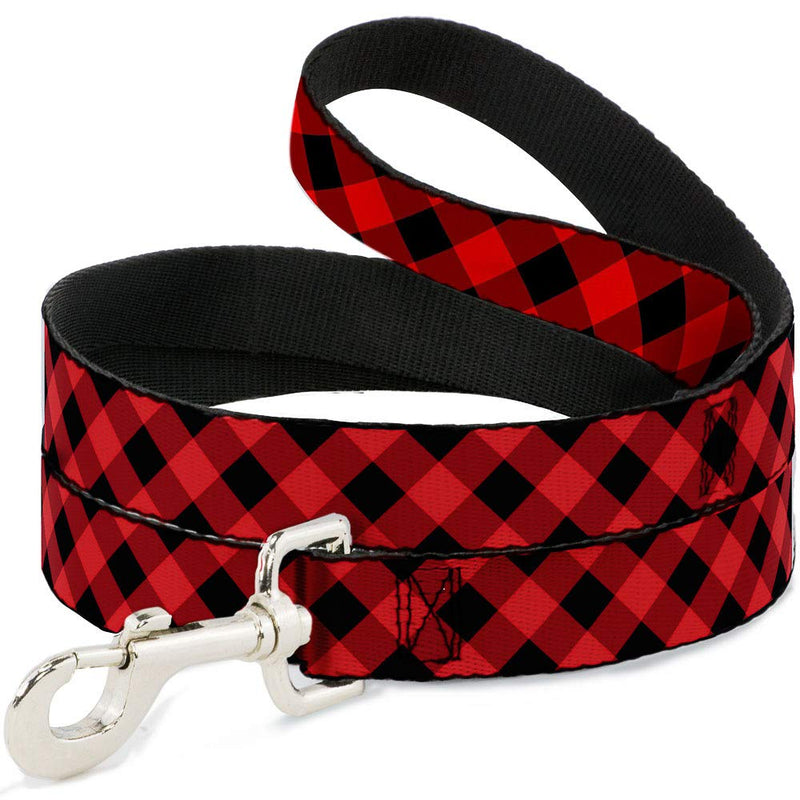 Buckle-Down Pet Leash - Diagonal Buffalo Plaid Black/Red - 6 Feet Long - 1