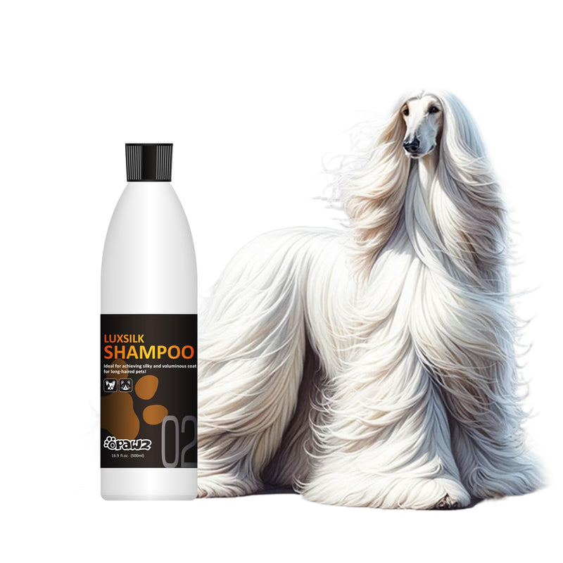 OPAWZ 02 LuxSilk Dog Shampoo, 2- in-1 Dog Shampoo and Conditioner, Reduces Shedding, Dematting, Deshedding, Removes Undercoat, for Long Haired, Silky Coat Dogs and Cats, 16.9 fl.oz/ 500ml