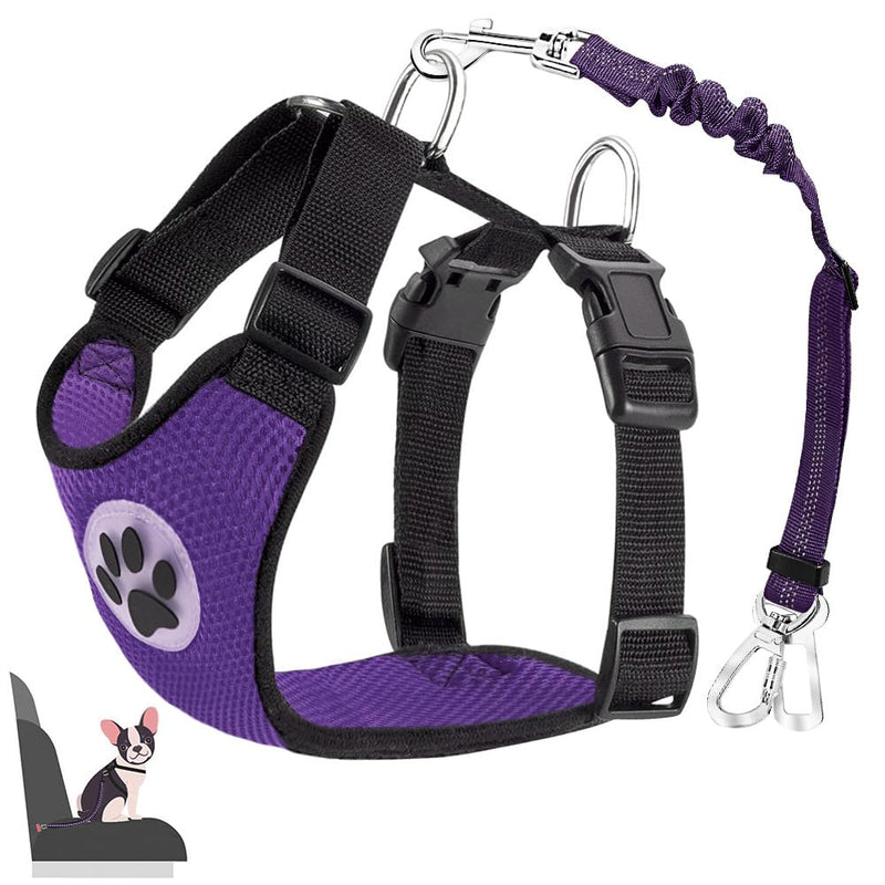 Lukovee Dog Car Harness Seat Belt, Adjustable Mesh Breathable Vest with Elastic Bungee Tether, Soft Padded 2-in-1 Safety Car Harness Seatbelt for Small Medium Large Dogs (Purple,M)