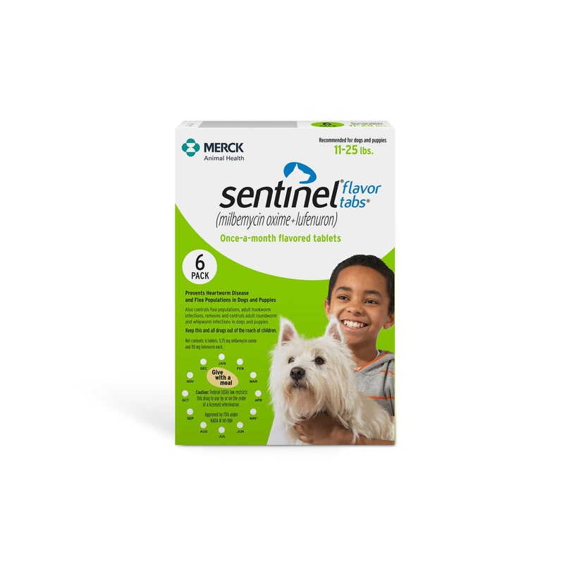 Sentinel Flavor Tabs for Dogs, 11-25 lbs, 6 Chewable Tablets, 6-month supply, Green Box