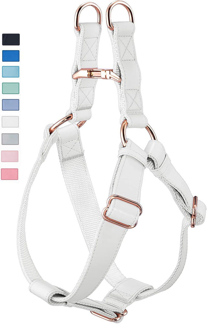 Soft Leather No Pull Dog Harness - Adjustable Step in Dog Harness with Rose Gold Heavy Duty Metal Buckle, Freedom Nylon