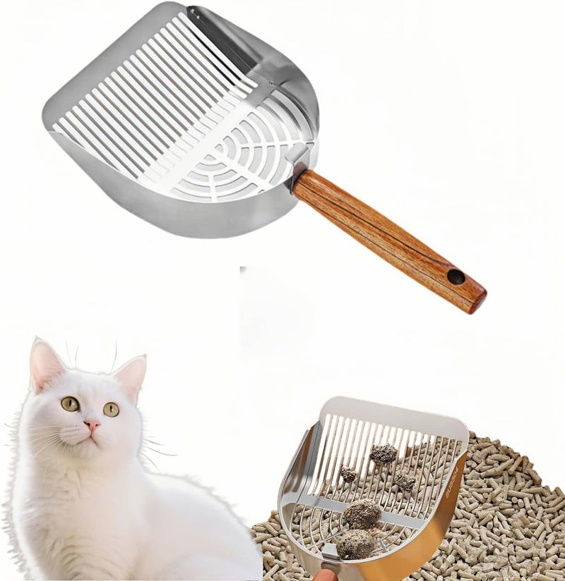 Premium Stainless Steel Cat Litter Scoop-Triple Guard Walls&Non-Stick Design,Silver,Flat Shovel Head Design Solid Deep E