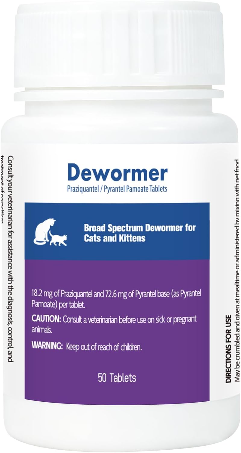 Cats & Kittens Broad-Spectrum Dewormer, 50 Tablets, for Tapeworms, Hookworms & Roundworms