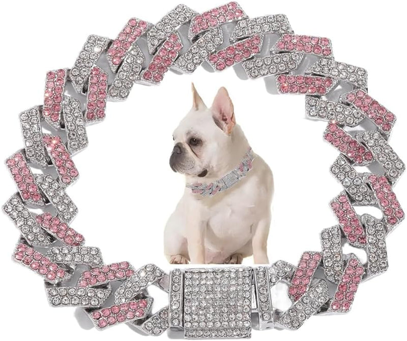 Pink Dog Necklaces for Small Dogs, Diamond Rhinestone Glitter 14mm 12inch
