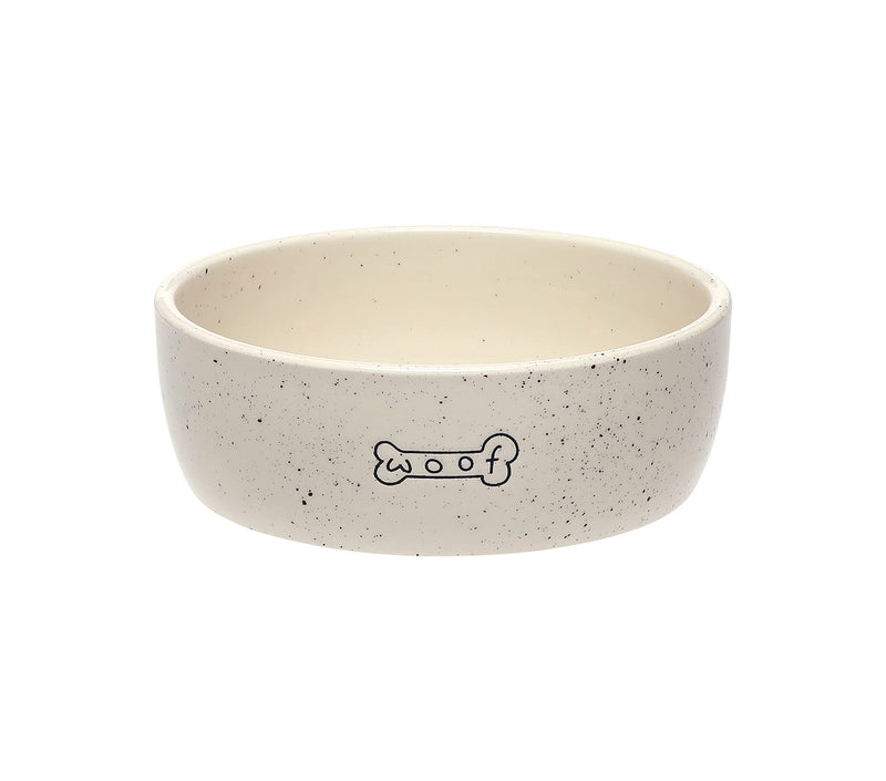 Pearhead Ceramic Dog Bowl – “Woof” Speckled Pet Food & Water Dish, Durable Stoneware, Non-Slip Heavy Base, 20 oz, Medium