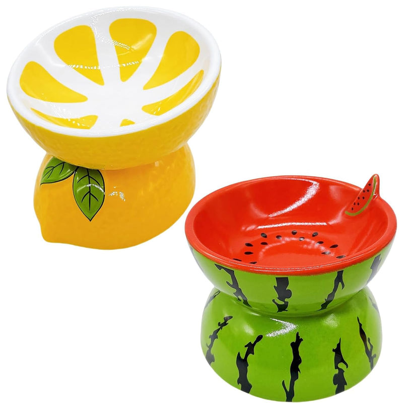 Hamiledyi Ceramic Raised Cat Bowl 2PCS Anti Vomiting Elevated Tilted Cat Food & Water Bowls Pet Feeder Dish for Indoor Kitty and Small Dogs (Watermelon & Lemon)