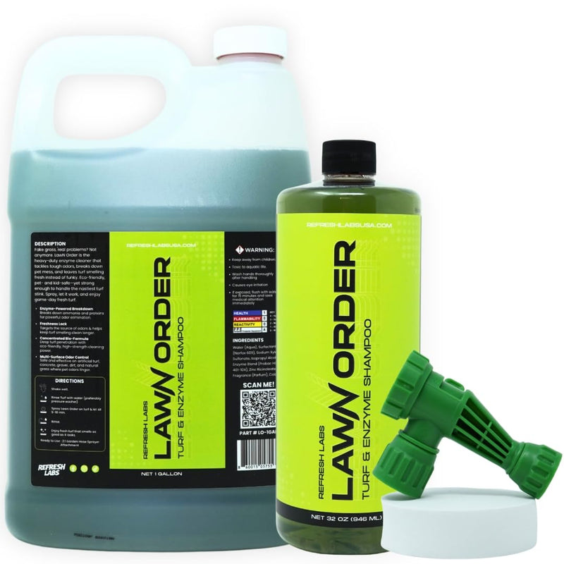 Refresh Labs LawN Order Artificial Turf Cleaner & Odor Eliminator – Enzyme Powered, Pet & Kid Safe, Removes Pet Mess Smells (1 GAL + 32 OZ + Hose)