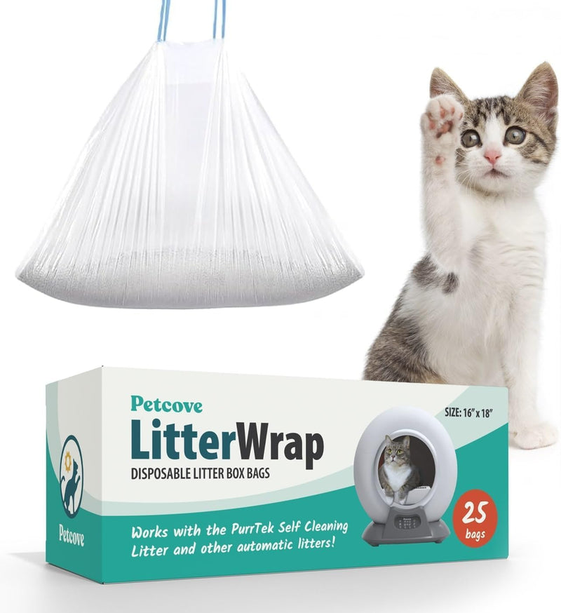 PurrTek Cat Litter Box Liners — LitterWrap Drawstring Bags for Automatic & Self-Cleaning Litter Boxes | Precision Fit, Jumbo Heavy-Duty, Leak-Proof, Unscented Odor Control, Replacement Refills