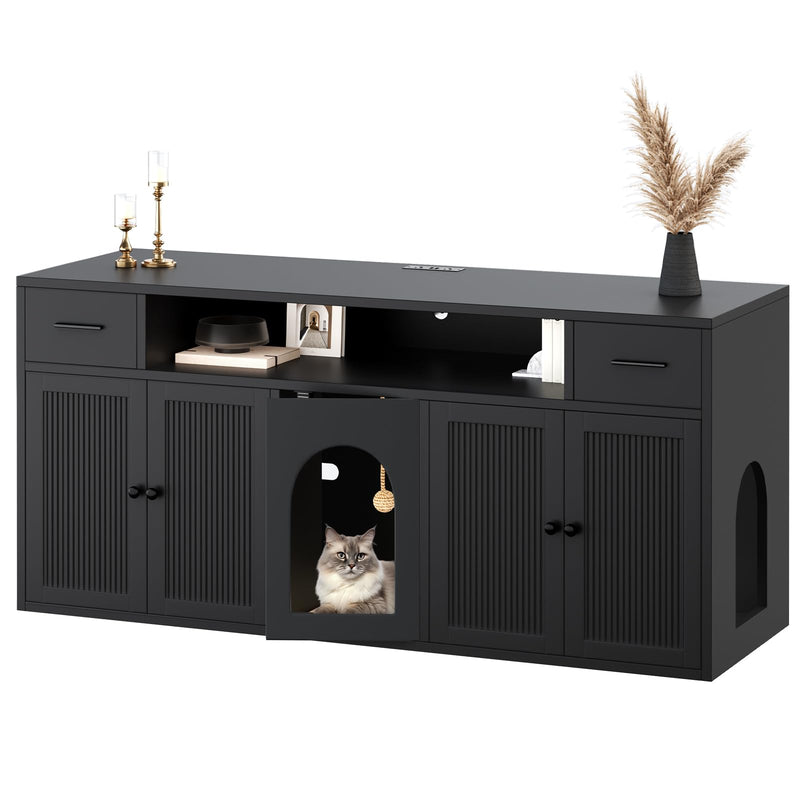 HOTAMO Cat Litter Box Enclosure, Litter Box Furniture for 2 Cats, Litter Box Enclosure with Socket for Living Room (Black)