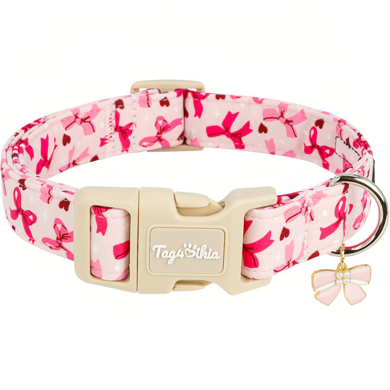 Tag4Oikia Adjustable Girl Dog Collars with Pink Bow, Cute Spring Summer Collar for Girl Female Dog, Pink Dog Collar for Small Medium Large Dogs-S