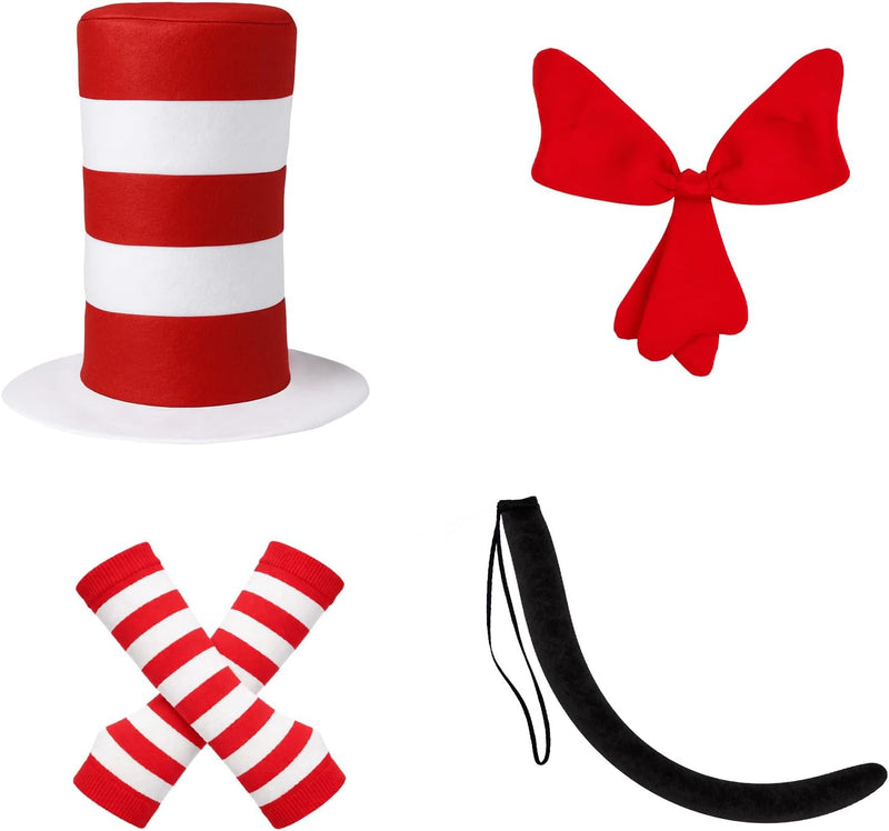4 Pcs Cat Costume Accessory Red and White Striped Hat with Big Bow Tie, Gloves & Tail, Halloween World Book Day Cosplay