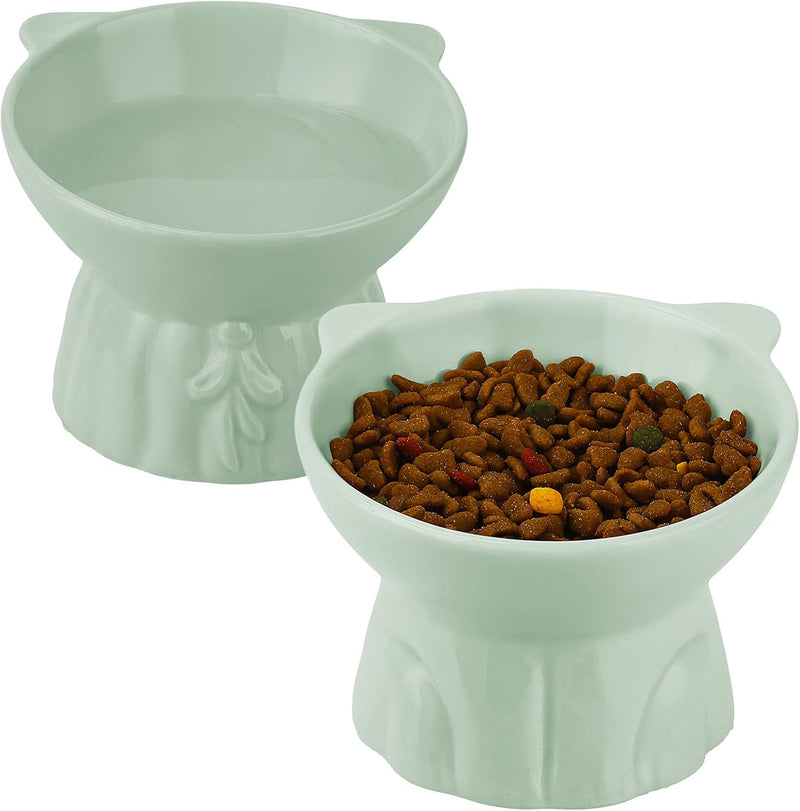 Elevated Cat Bowls 2-Pack, Ceramic Raised Cat Food & Water Dishes - Extra Wide & Shallow Whisker-Friendly Design, Anti-V