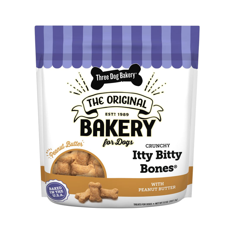 Three Dog Bakery Itty Bitty Bones Peanut Butter Dog Treats, 32oz - Crunchy Bones for Dog Training Treats, Real Peanut Butter Puppy Training Treats, Dog Bakery Treats
