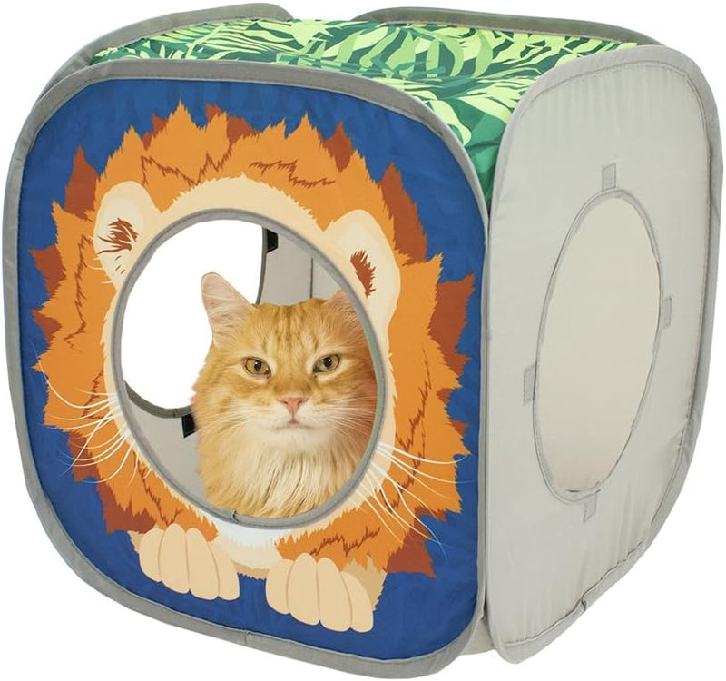 Kitty City Safari Jungle Pop-Up Cat Cube, Collapsible Indoor Cat Hideout & Play Cube with Peekaboo Openings, Easy Storag