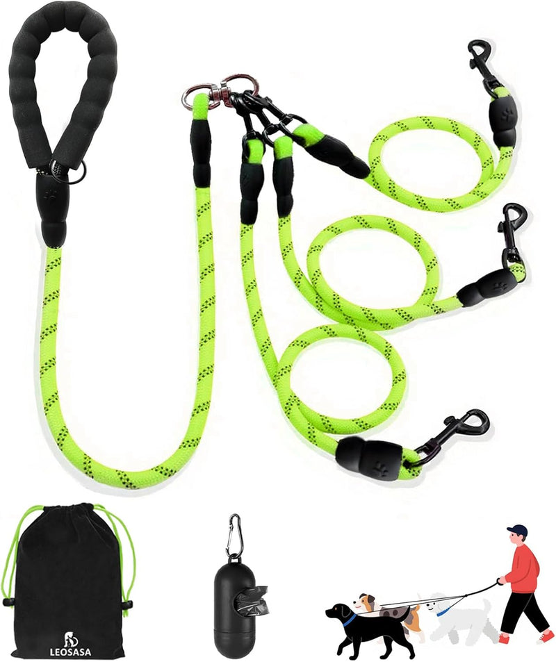 No Tangle 3 Dog Leash -Main Lead Rope with Padded Handle, Three Detachable Leash Splitters, Heavy-Duty Clip, 4.76ft for