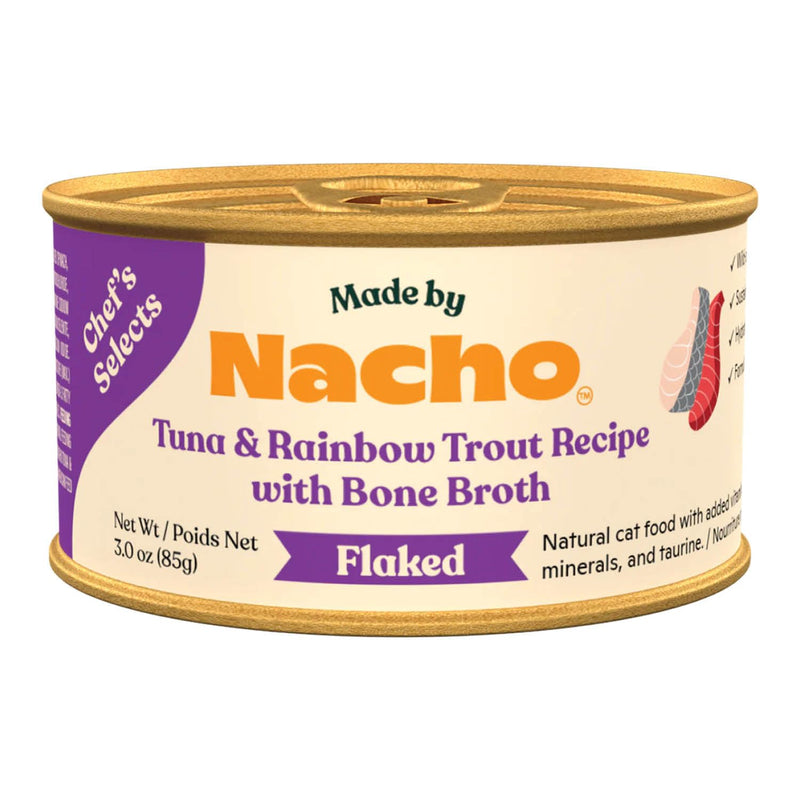 Made by Nacho Flaked Filets Recipe in Bone Broth, Grain-Free Chef's Selects Wet Food for Cats Balanced Diet in Naturally Hydrating Pumpkin-Infused Broth (3.0 oz (Pack of 12), Tuna & Rainbow Trout)