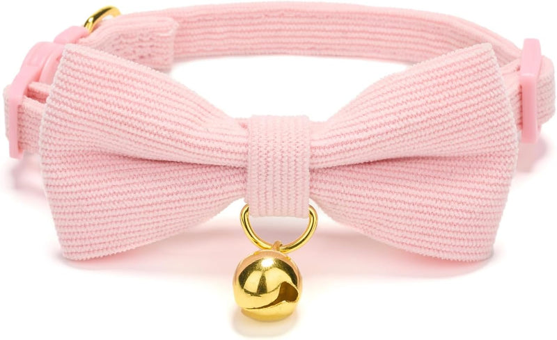 Breakaway Kitten Collar with Bow Tie and Bell Adjustable Cute Soft Corduroy Cat Collars for Small Female Cats(Pink,XS)