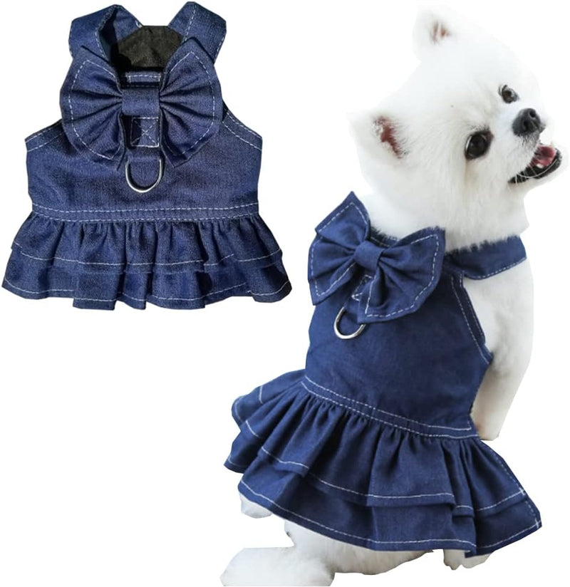 ANIAC Denim Dog Dresses for Small Dogs Puppy Girl Clothes with Leash Ring and Cute Bow Knot Summer Cat Apparel with D-Ri