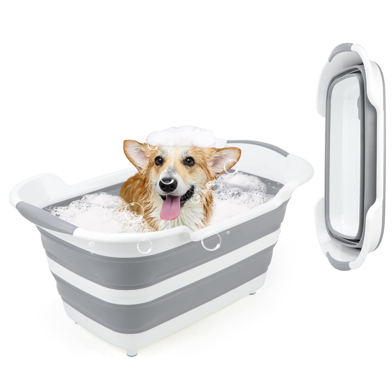 FHTONGE 7.13 Gal/27L Raised Collapsible Dog Bathtub with Drain Fur Catcher, Multifunctional Pet Washtub for Small to M Dog, Portable Puppy Tub Cat Shower Basin Laundry Basket Storage Organize Bucket