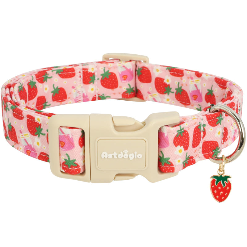 Astdogio Pink Dog Collar for Small Dogs, Cute Dog Collars Girl Puppy Collar with Strawberry Pattern, Adjustable Cotton Pink Collar Ideal, Daily Photos & Pet Fashion