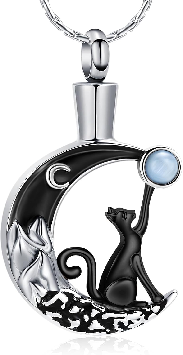 constantlife Cat Moon Urn Necklace for Women Pet Cremation Jewelry for Ashes Stainless Steel Pendant Funeral Keepsake Lo