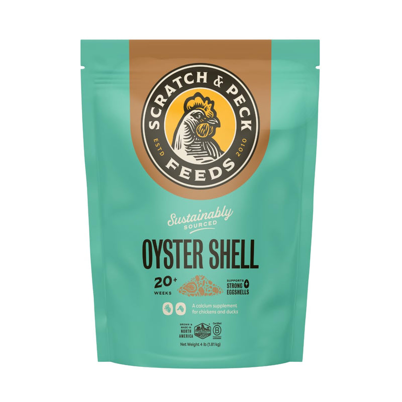 Scratch and Peck Oyster Shell Supplement - 4 lb Bag - Natural Calcium Boost for Healthy Eggshells in Chickens and Ducks, Sustainably Sourced Pure Flaked Oyster Shell