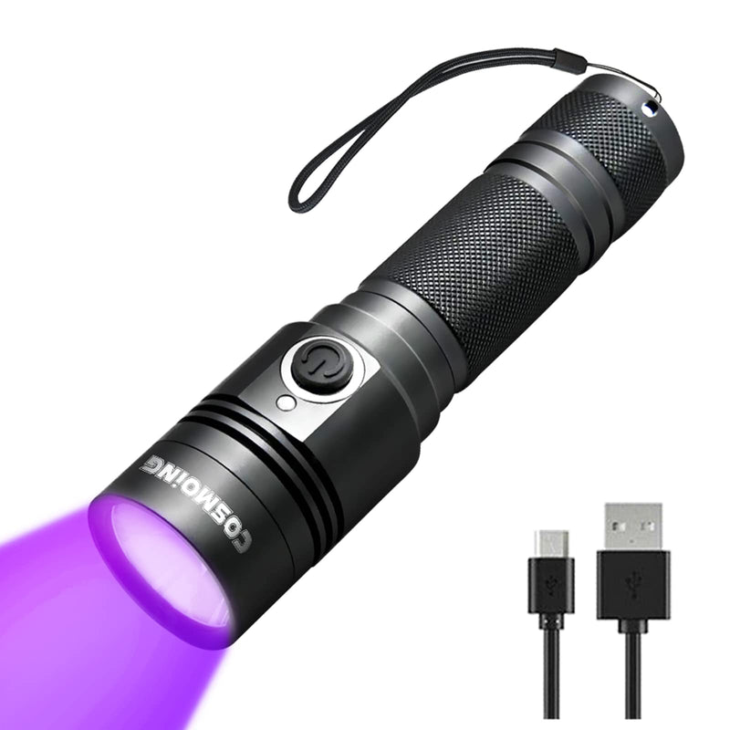 COSMOING 395nm UV Flashlight, Rechargeable Black Light Flashlight, LED Flashlight IP65 Water-Resistant Pet Urine Detector for Dog Cat Stains, Scorpion, Bed Bug, Household