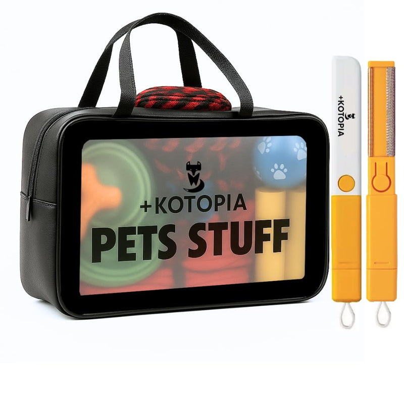 +KOTOPIA Dog Grooming Tote Bag – Travel Supply Organizer for Dogs – Pet Accessories Storage with Hair Remover Brush – Compact Grooming Bag for Home & Trips – Black/Yellow