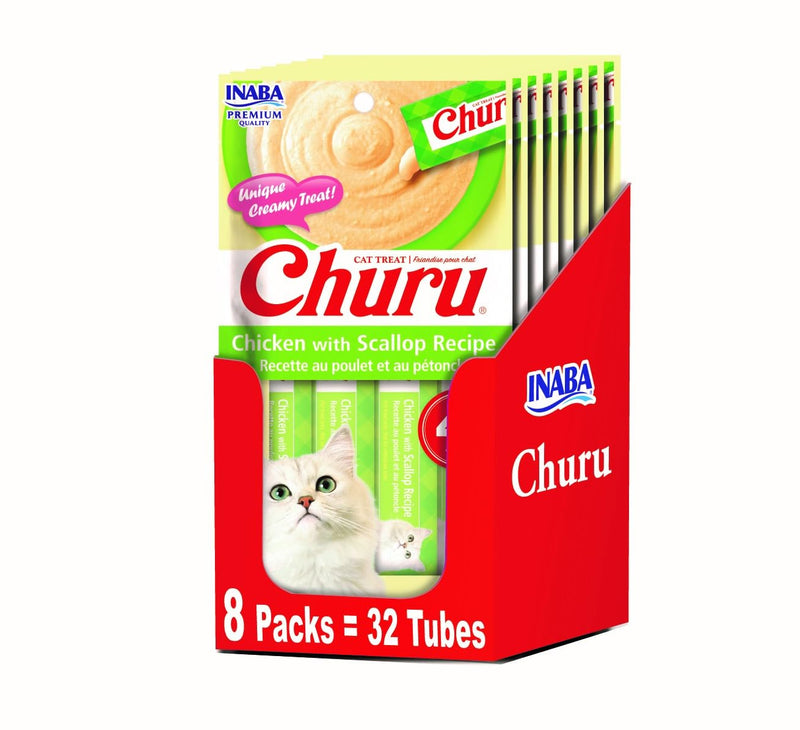 INABA Churu Lickable Purée Natural Cat Treats - Chicken with Scallop Recipe (4 Servings per Package, 8 Packages) (32 Tubes)