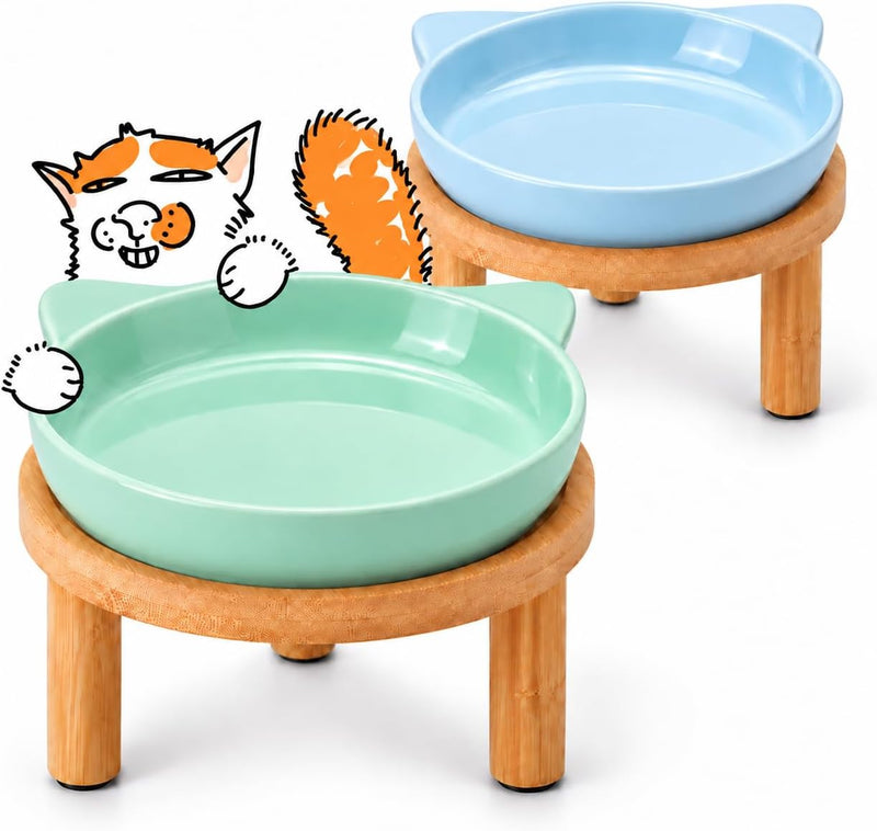 2 Pack Elevated Ceramic Cat Bowls with Bamboo Stand for Cat Bowl, Whisker Friendly Shallow Cat Plate, Stable Raised Cat