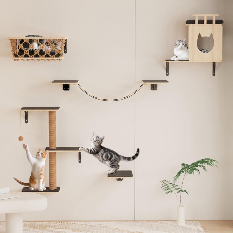 HHOFURN 5-in-1 Cat Wall Shelves Set with Hammock, Wall-Mounted Cat Furniture Includes Condo, Bridge, Ladder & Steps for Indoor Cats, Safe & Stable (Gray)