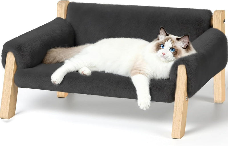 FAMIDGE Elevated Cat Couch Bed for Indoor Cats - Wooden Pet Sofa with Removable Washable Thick Cover Raised Kitty Lounge