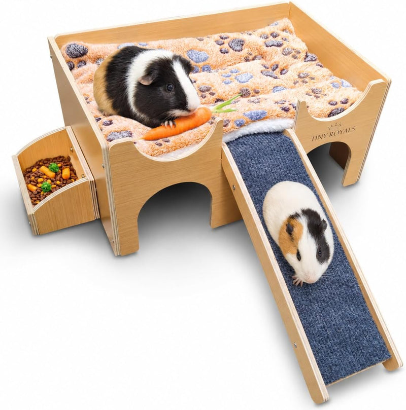 Guinea Pig Wooden Hideout with Built-in Feeder, Screw-Assembled Natural Wood Castle with Absorbent Fleece Mat, Ramp & Ac