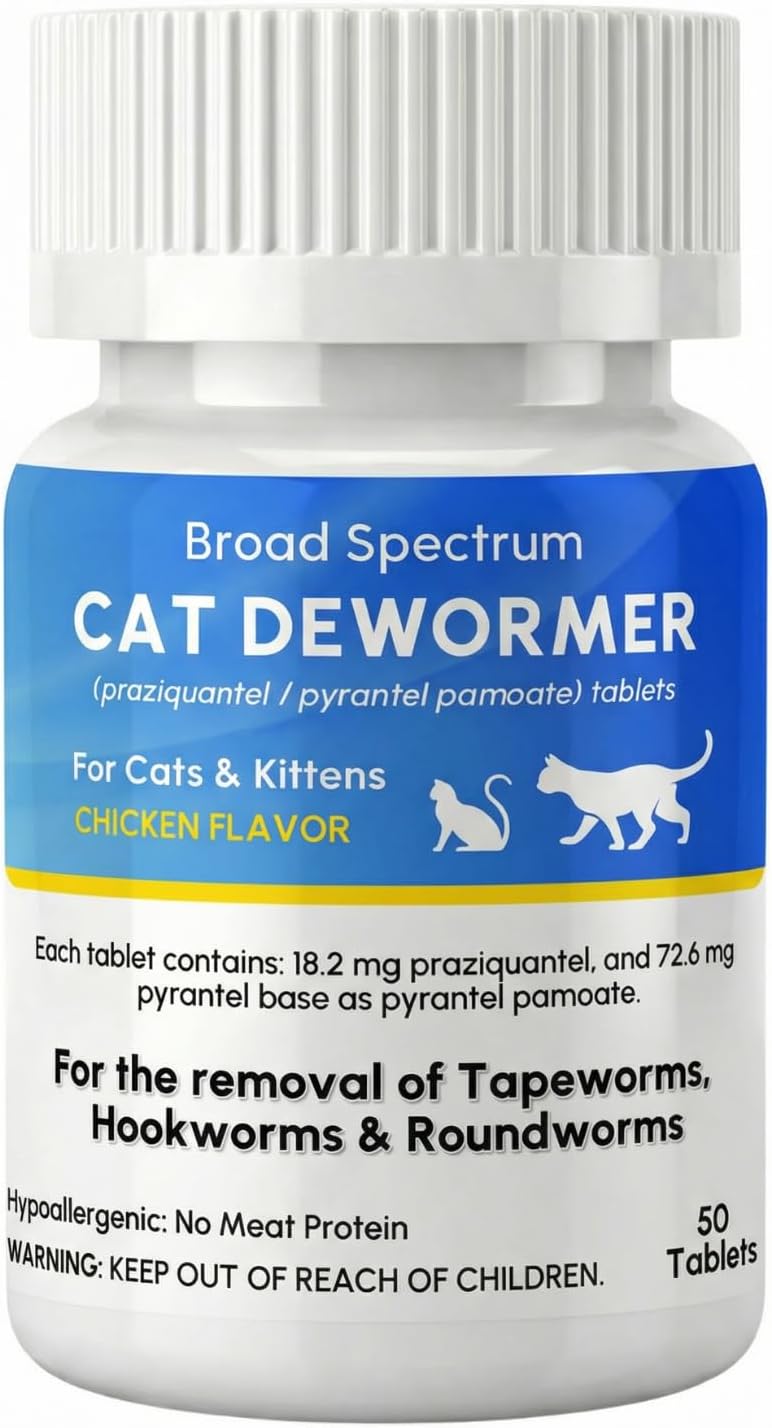 Dewormer for Cat and Kittens, Broad Spectrum Praziquantel & Pyrantel Pamoate Tablet, Removal of Tapeworms, Hookworms & R