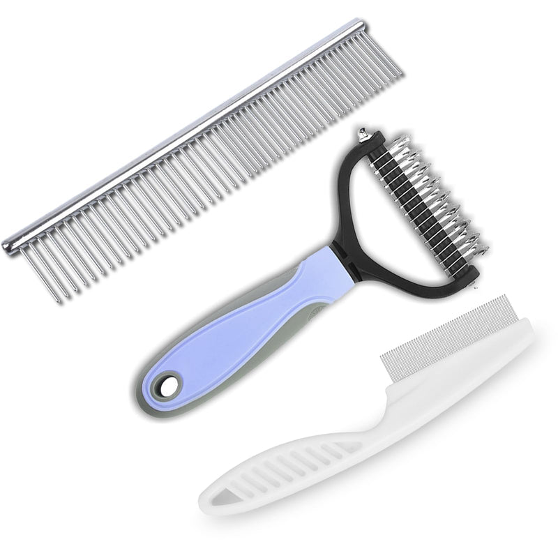 3Pcs Pet Grooming Comb Kit, Blue Deshedding Brush & Metal Comb & Tick Removal Comb for Dogs, Cats and Horses, Pet Flea Comb for Detangling and Dematting Long, Matted Fur on Goldendoodles Poodles
