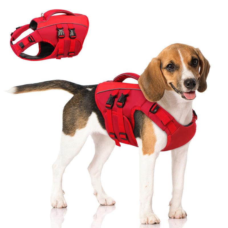 Queenmore Red Large Dog Life Vest for Swimming Boating, Adjustable Ripstop Dog Life Jacket with Superior Buoyancy and Rescue Handle