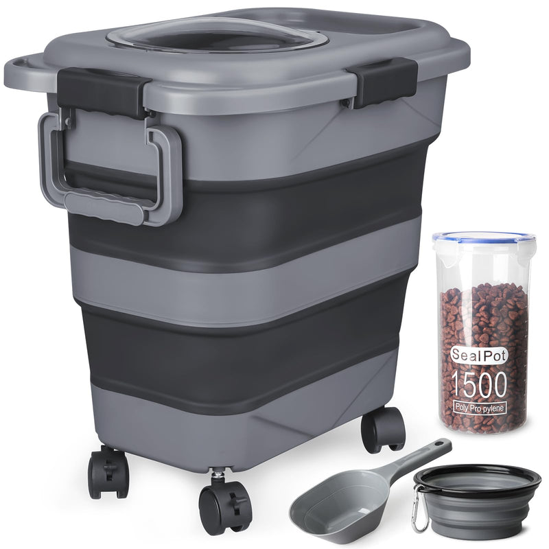 Dog Food Storage Container,10-25 lbs Airtight Collapsible Cat Food Storage Container with Attachable Wheels, Portable Handle, Dog Food Scoop for Dog Cat Bird Pet Dry Food Storage Bin Dark Grey