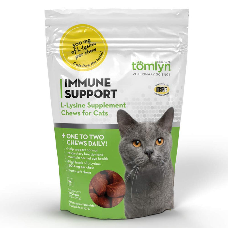 Tomlyn Immune Support Daily L-Lysine Supplement, Fish-Flavored Lysine Chews for Cats and Kittens, 30ct