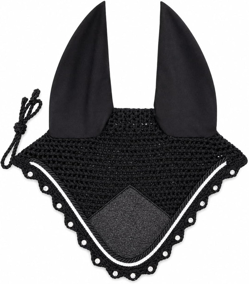 Horse Ear Bonnet for Horses – Handmade Crochet Fly Veil with Crystal Stones, Glitter Patch, Breathable Stretch Ears, Hor