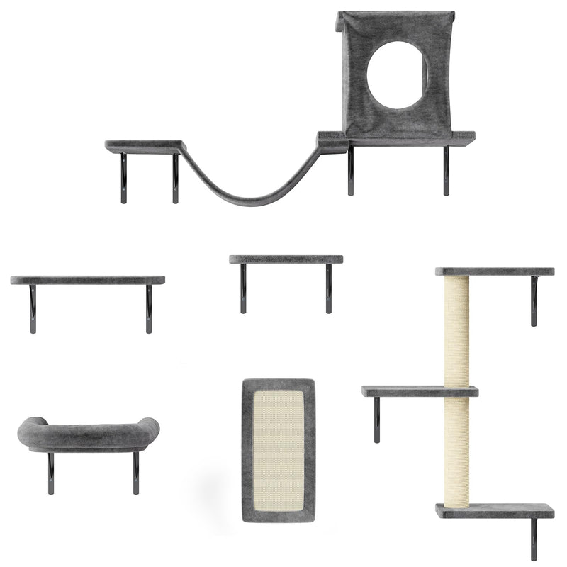 NUNU LAB Cat Wall Shelves, 6 Pcs Luxury Wall-Mounted Cat Climber Set, Indoor Cat Furniture with 1 Condos House, 2 Cat Wall Shelves, 1 Scratching, 1 Bridge Ladder, 1 Scratching Pad, Dark Gray
