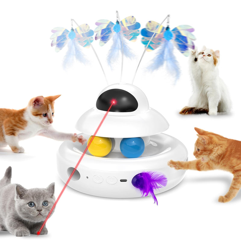 MOHAYA Cat Toys,4-in-1 Interactive Cat Toy for Indoor Cats with Laser, Fluttering Butterfly, Moving Feather and Track Balls - USB Rechargeable Self-Play Kitten Toy (White)