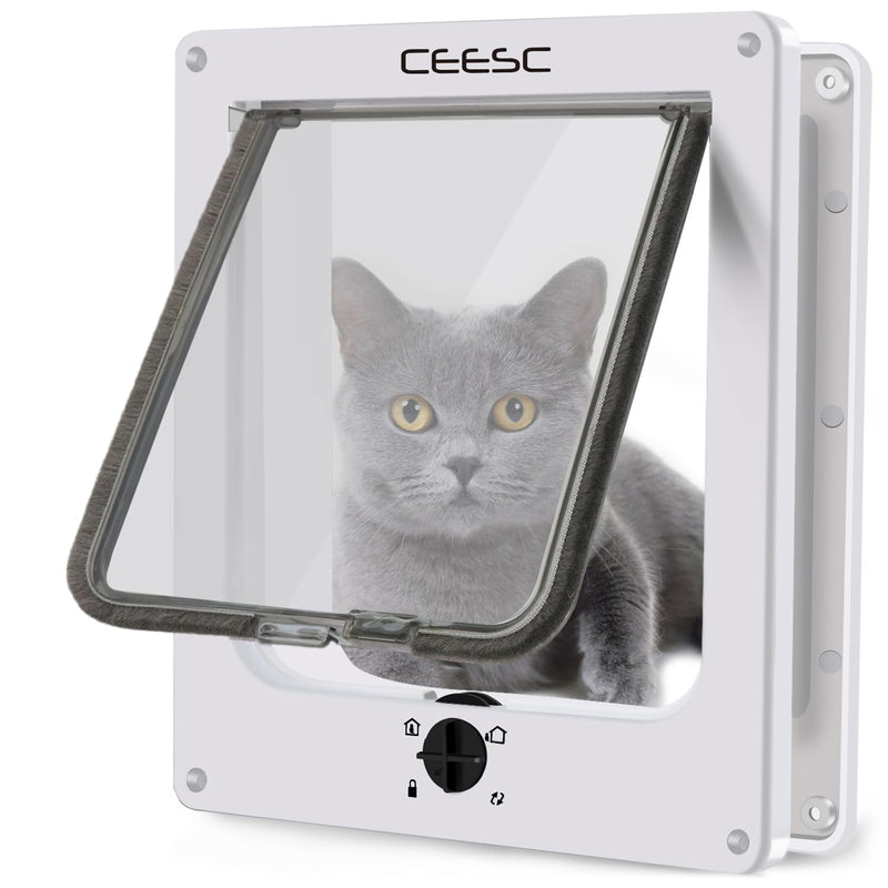 CEESC Large Cat Door for Interior/Exterior Door, Weatherproof, White, Rotary 4 Way Locking Pet Door for Cats & Dogs with Circumference < 23.62