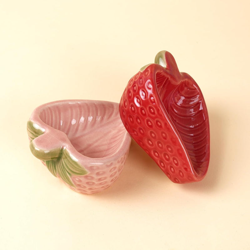 2 Packs Strawberry Ceramic Hamtser Food Bowls Wet&Dry Use(Pink+Red)