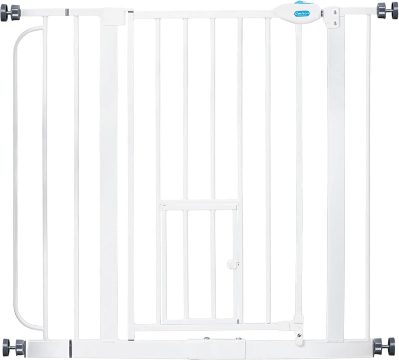 Carlson 29–36.5” Extra Wide Dog Gate with Small Pet Door, Walk-Through Pressure Mounted Metal Indoor Pet Safety Gate, Te
