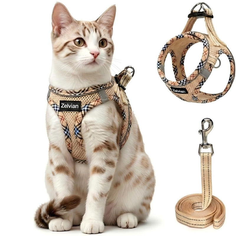 Zelvian Cat Harness and Leash Set for Walking, Escape Proof Adjustable Soft Mesh Kitten Harness with Reflective Strips, Breathable No-Choke Pet Vest for Medium Cats or Small Dogs(Beige,M)