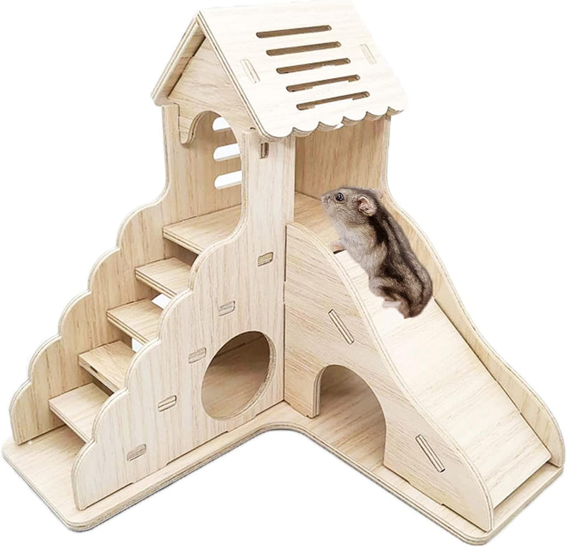Hamster Hideout Cage Accessories - Hamster House and Habitat Wooden Hide Hut with Climbing Ladder and Slide for Dwarf Ge
